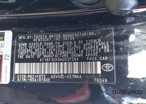 2010 Toyota Camry z USA, uszkodzony, nr VIN 4T1BF3EKXAU537564